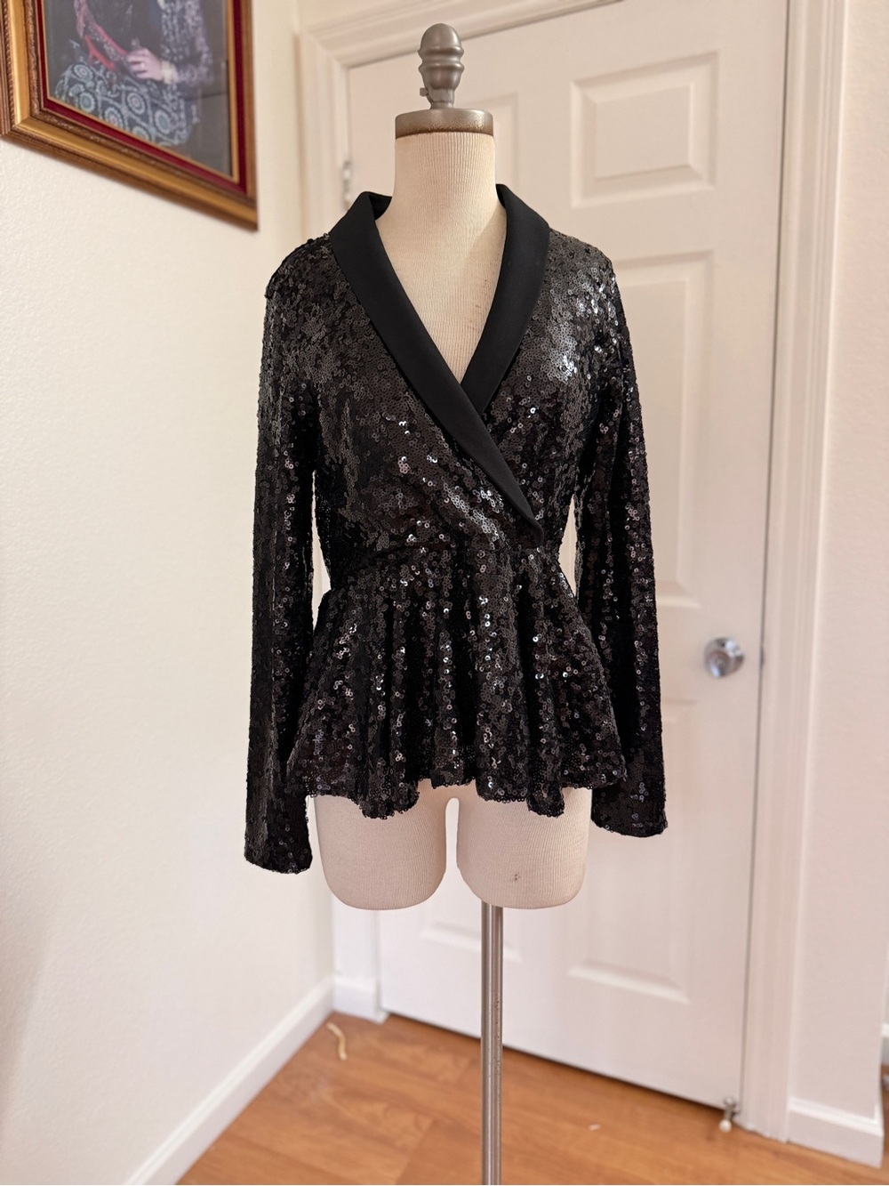VENUS Black Sequin Peplum Wrap Blouse